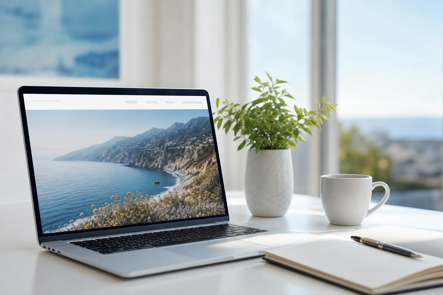 Modern web design workspace with a laptop displaying a website