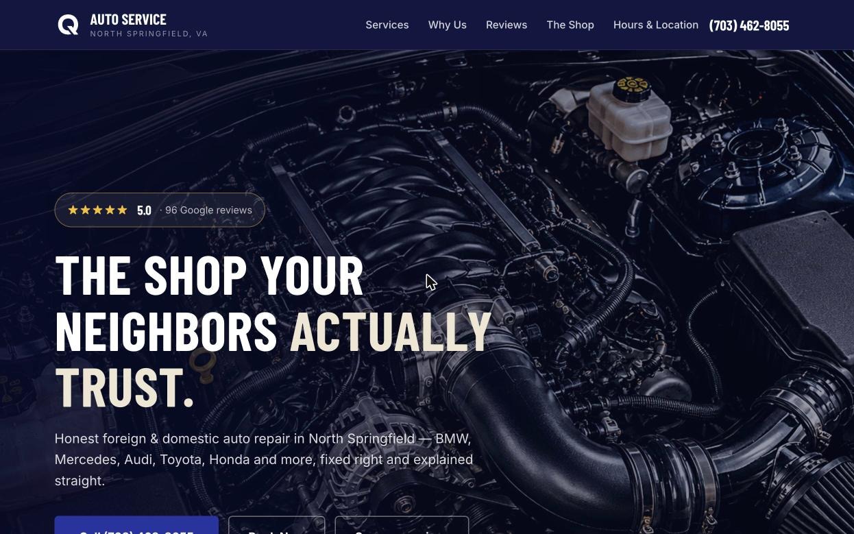 Screenshot of the Q Auto Service Center website homepage
